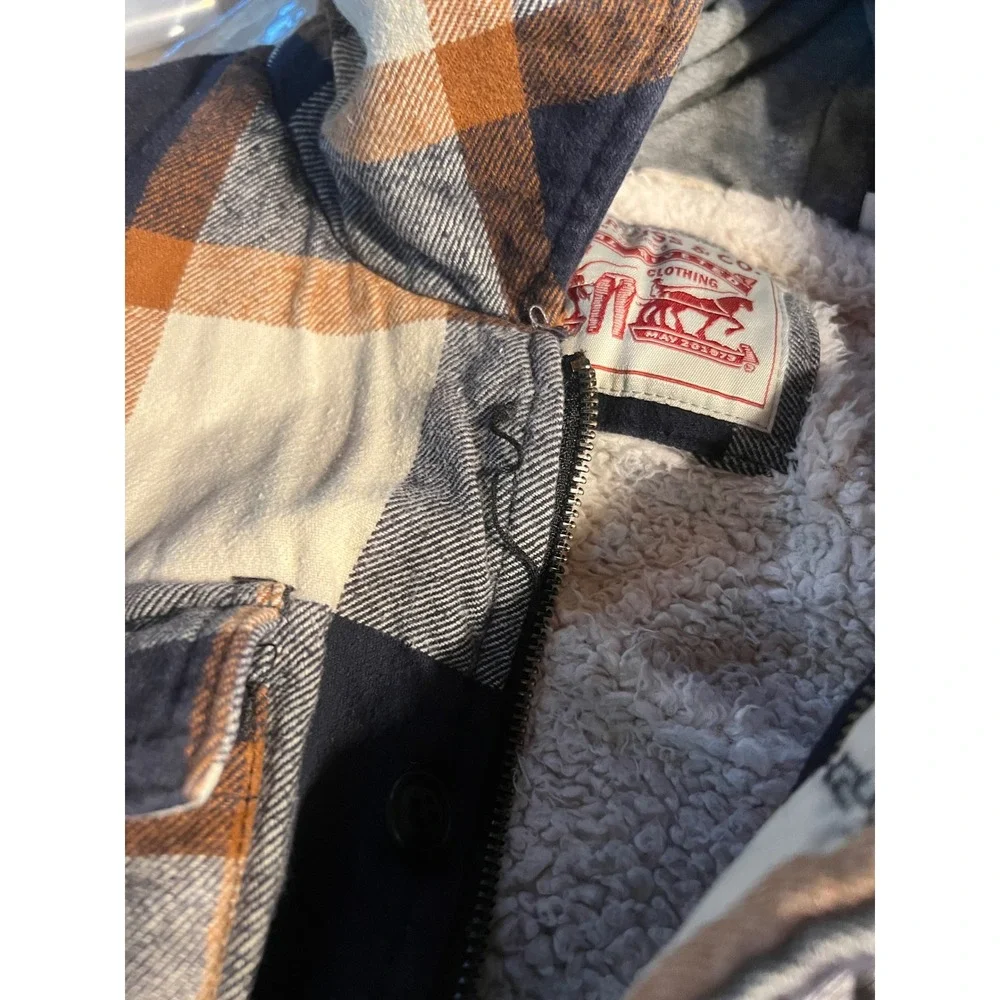 Levi Strauss & Co Hooded Flannel Jacket‎ Plaid Sherpa Lined Navy Orange Small
